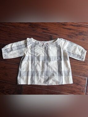 Bonpoint Girls' Plaid Cotton Top - Cream with Gray Stripes